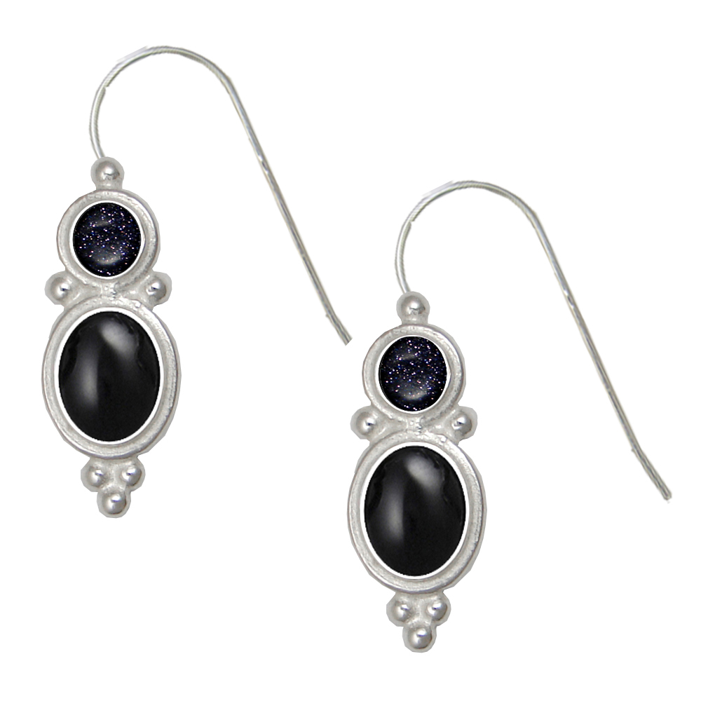 Sterling Silver Drop Dangle Earrings With Black Onyx And Blue Goldstone